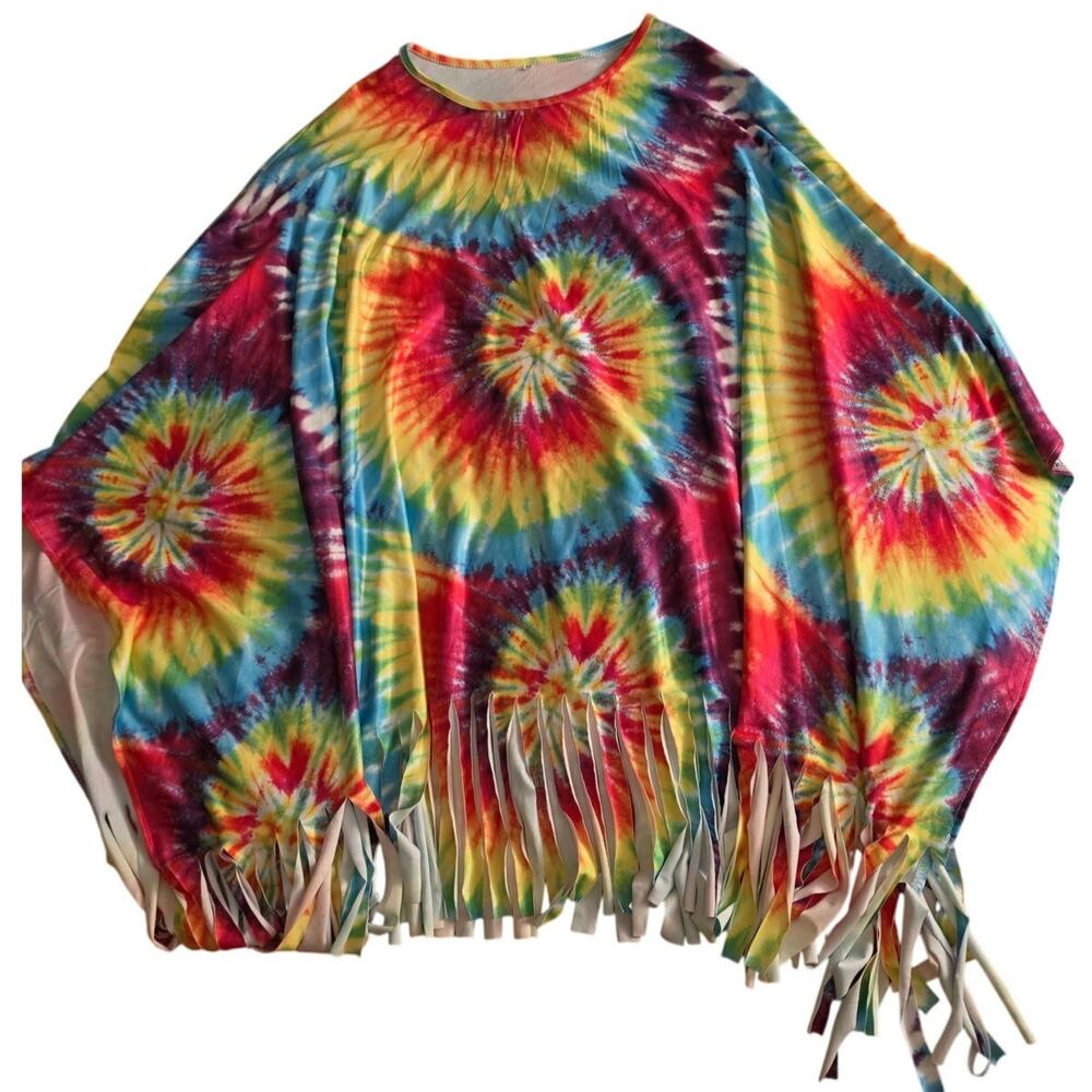 70s Hippie Halloween Costume Top Tie Dye Fringe Poncho Shirt Festival One Size